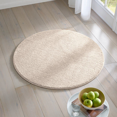 Kurzflor Teppich | Flauschiger Flachflor für Wohnzimmer, Esszimmer, Schlafzimmer oder Kinderzimmer | Creme Rund